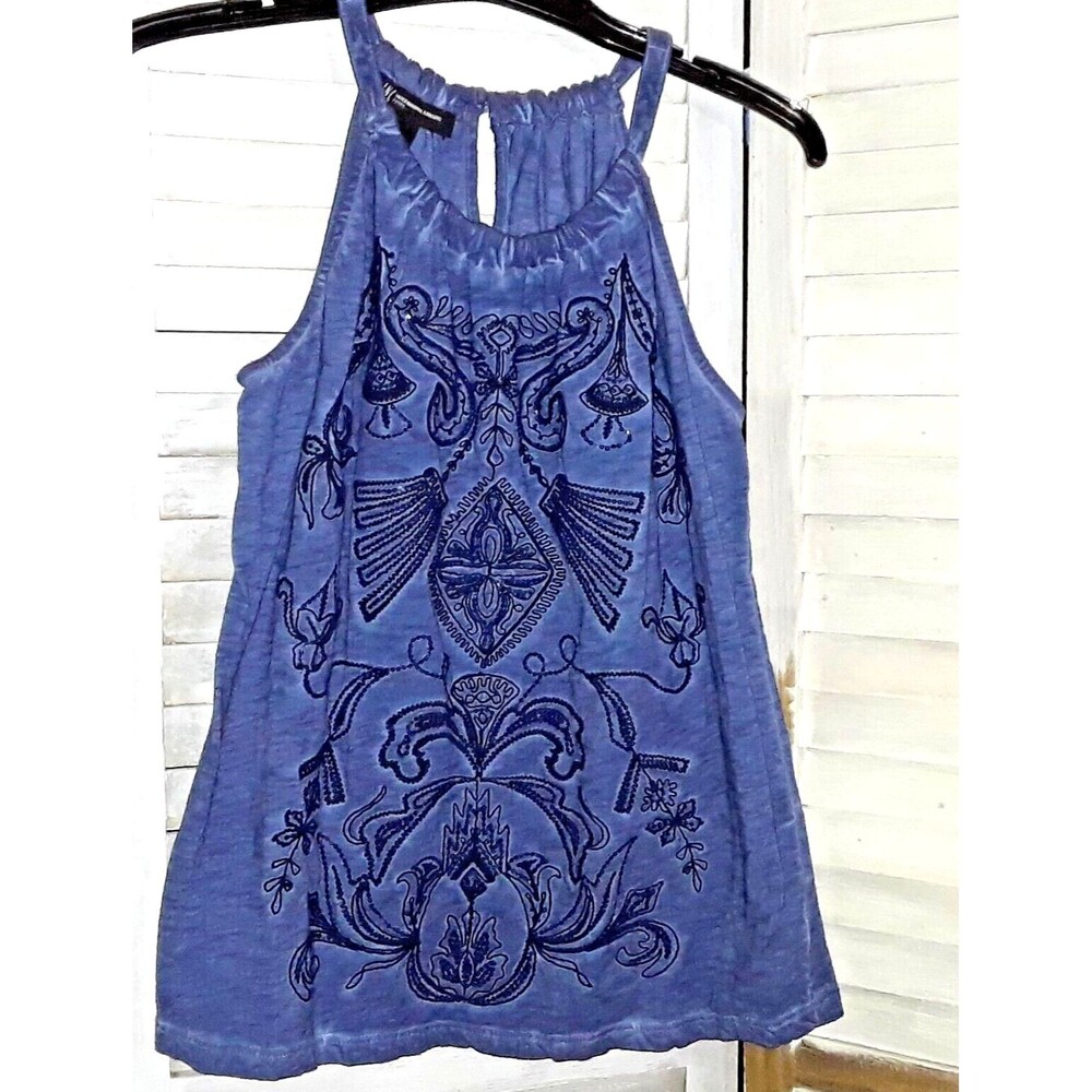 INC Women's Shirt Size Small Petite Blue Chambray Halter Sleeveless Sequined Top